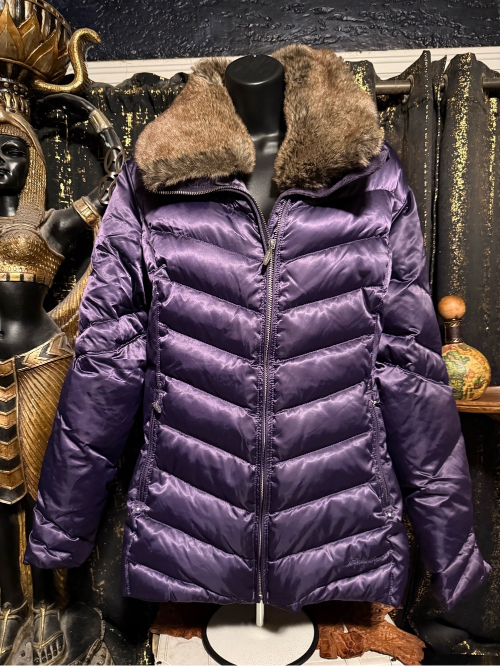 Eddie Bauer Quilted Purple Puffer Jacket with Faux Fur Collar